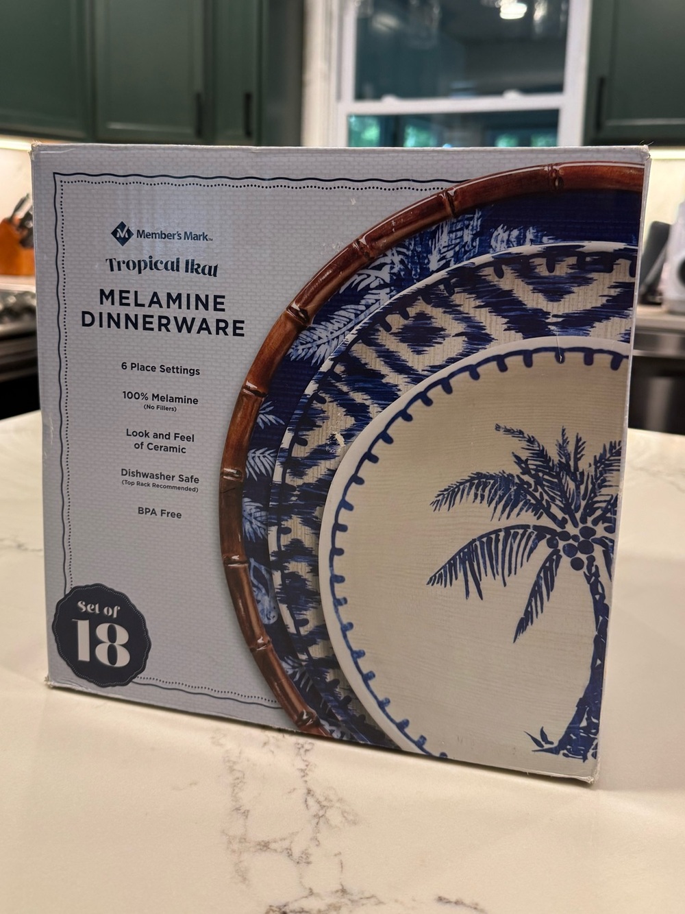 Tropical Ikat Blue Melamine Dinnerware Set - 18 Piece - RARE / HARD TO FIND